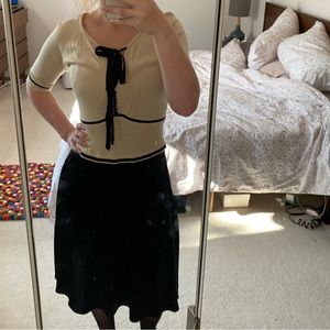 NOUGAT - Sz 2 - Vintage silk skirt dress - ivory and black - pussy bow & sidezip